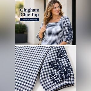 Talbots Gingham Blouse XL Navy White 3/4 Sleeve Embroidered Casual Work Top